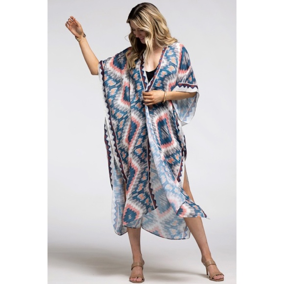 Beige Multi Long Open Front Aztec Tribal Pattern Kimono Wrap Coverup Top - Picture 1 of 5